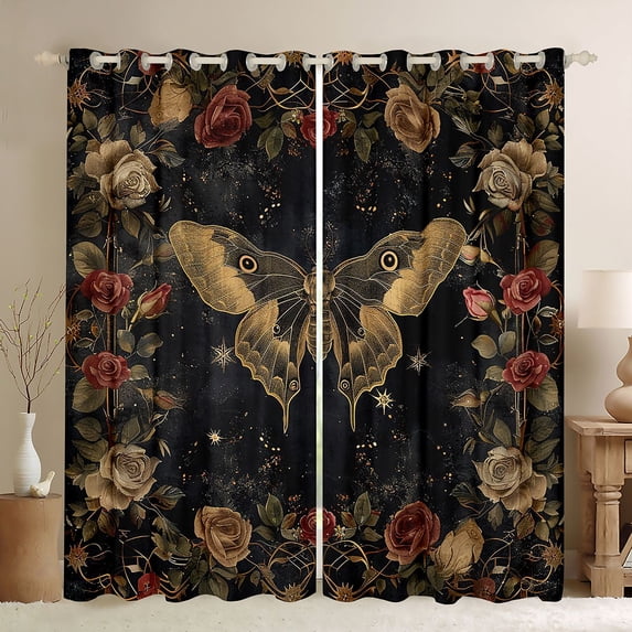 Homewish Animal Moth Boy Girl Black Out Curtains,Chic Floral Flowers Rose Curtains Pack of 2 (42x63 Each),Retro Vintage Aesthetic Bedroom Curtains,Lightweight Room Decor