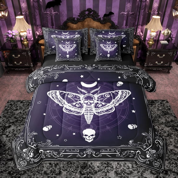 Homewish Animal Moth Twin Bedding Sets 7-Piece for Female Men,Gothic Skull Bedding Comforter Set Microfiber,Exotic Style Breathable Sheet Sets,Luxury Bedroom Decor,Reversible