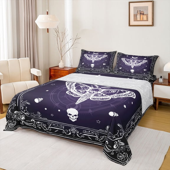 Homewish Animal Moth Twin Sheet Sets 3pcs for Female Men,Gothic Skull Twin Fitted Sheet Microfiber,Exotic Style Breathable Flat Sheet,Luxury Bedroom Decor