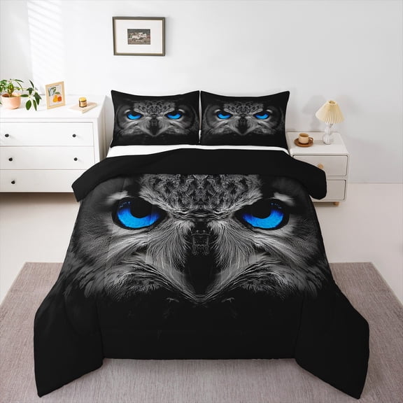 Homewish Animal Owl 3 Pieces Queen Comforter Set for Teens Boys Girls,Black Blue Grey Ultra Soft Bedding Sets,Jungle Wildlife Bedding Comforter Set,Luxury Bedroom Decor,Reversible