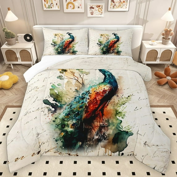 Homewish Animal Peacock Bedding Comforter Set 2pcs for Teens,Retro Vintage Aesthetic Twin Comforter Sets Microfiber,Abstract Watercolor Art Breathable Bedding Set,Microfiber Bedroom Decor