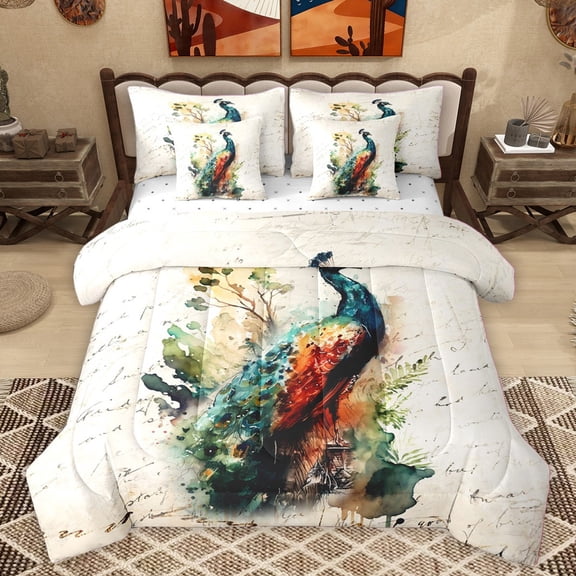 Homewish Animal Peacock Bedding Comforter Set 7pcs for Teens,Retro Vintage Aesthetic Queen Bedding Sets Super Cozy,Abstract Watercolor Art Queen Sheet Sets,Microfiber Bedroom Decor,Reversible