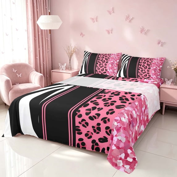 Homewish Animal Print Bed Sheets, Pink Zebra Leopard Print Full Size Sheets, 4pcs (1 Flat Sheet, 1 Fitted Sheet and 2 Pillowcases)
