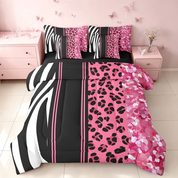 Homewish Animal Print King Bedding, Pink Zebra Leopard Print King Bed in a Bag, Black Reversible, 7-Piece