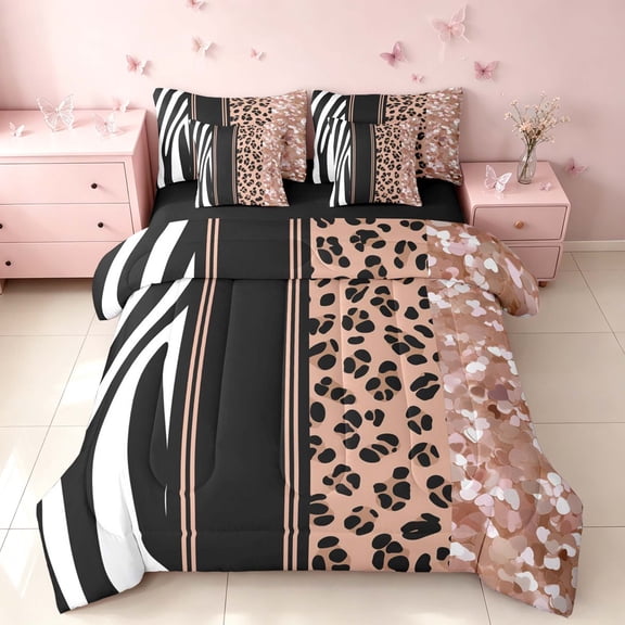 Homewish Animal Print Twin Bedding, Brown Zebra Leopard Print Bedding Comforter Set, Black Reversible, 7 Pieces