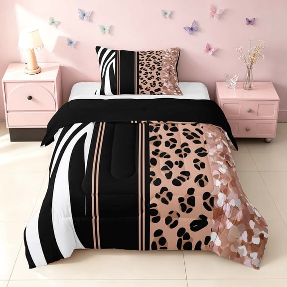 Homewish Animal Print Twin Comforter Sets, Brown Zebra Leopard Print Bedding Set, Black Reversible, 2 Pieces 1 Comforter and 1 Pillowcase