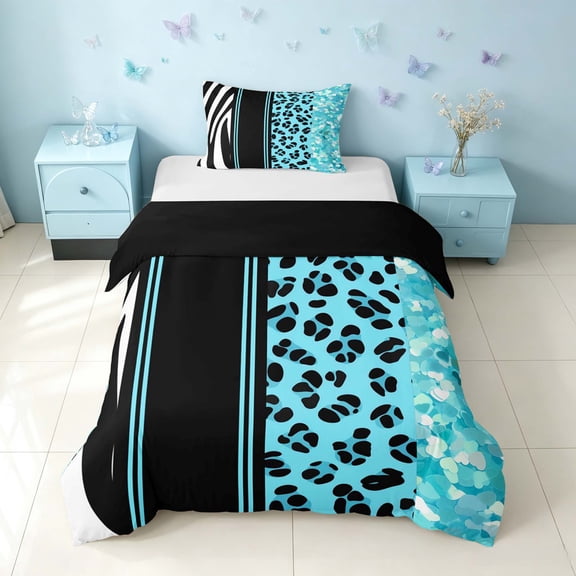 Homewish Animal Print Twin Duvet Cover, Blue Zebra Leopard Print Twin Bedding, Black Reversible, 2pcs 1 Duvet Cover and 1 Pillowcase