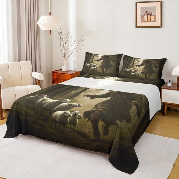 Homewish Animal Sheep 4 Pieces Queen Sheet Sets For Teens Boys Girls,Farmhouse Animal Ultra Soft Flat Sheet,Jungle Woodland Queen Fitted Sheet,Lightweight Room Decor