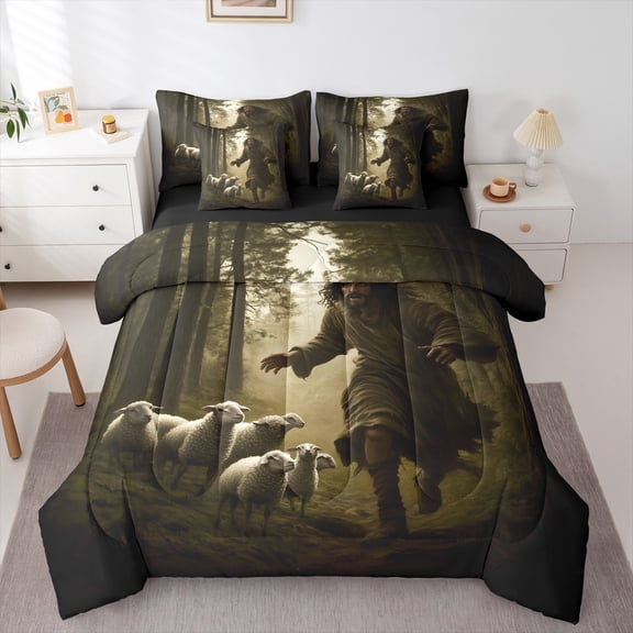 Homewish Animal Sheep 7pcs Bedding Comforter Set For Teens Boys Girls,Farmhouse Animal Queen Bedding Sets Super Cozy,Jungle Woodland Queen Sheet Sets,Lightweight Room Decor,Reversible