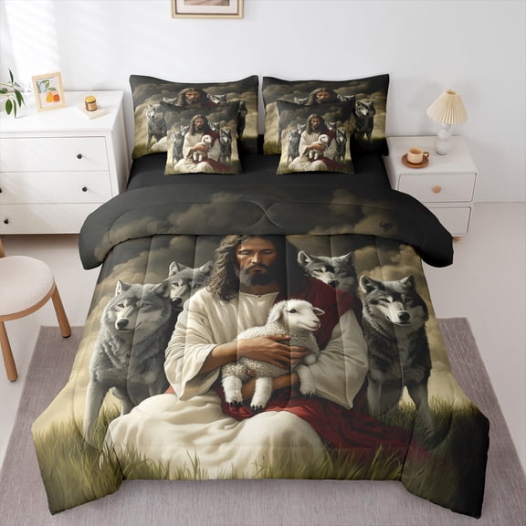 Homewish Animal Sheep Wolf 7-Piece Twin Bedding Sets For Teens Boys Girls,Woodland Wildlife Bedding Comforter Set,Jungle Safari Breathable Sheet Sets,Lightweight Room Decor,Reversible