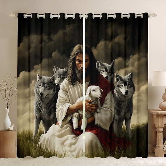 Homewish Animal Sheep Wolf Black Out Curtains For Teens Boys Girls,Woodland Wildlife Curtains Pack of 2 (42x63 Each),Jungle Safari Bedroom Curtains,Lightweight Room Decor