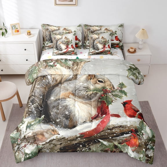 Homewish Animal Squirrel 7pcs Bedding Comforter Set for Teens Boys Girls,Red Sparrow Queen Bedding Sets Super Cozy,Merry Christmas Queen Sheet Sets,Luxury Bedroom Decor,Reversible