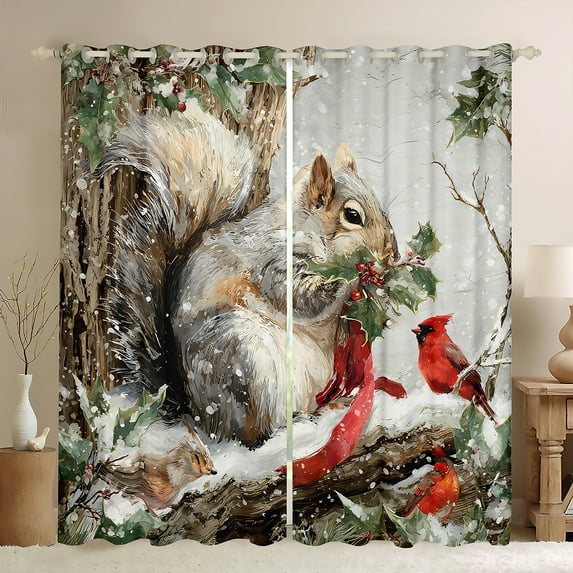 Homewish Animal Squirrel Blackout Curtains Set of 2 (52x84 Each) for Teens Boys Girls,Red Sparrow Window Curtains,Merry Christmas Curtains and Drapes,Luxury Bedroom Decor