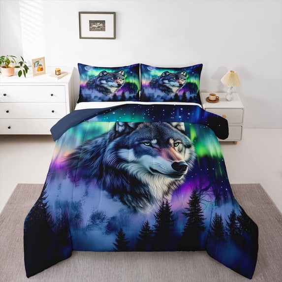 Homewish Animal Wolf Bedding Comforter Set 2pcs for Teens Boys Girls,Abstract Gradient Aurora Twin Comforter Sets Microfiber,Jungle Wildlife Breathable Bedding Set,Breathable Home Decor,Reversible