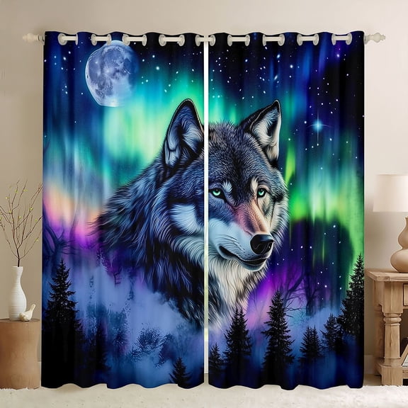 Homewish Animal Wolf Curtains Pack of 2 (42x84 Each) for Teens Boys Girls,Abstract Gradient Aurora Curtains Blackout,Jungle Wildlife Bedroom Curtains,Breathable Home Decor