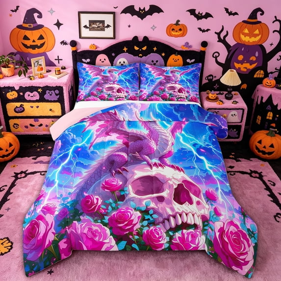 Homewish Anime Storm Dragon Skull Rose Full Size Comforter Sets for Teens, Lightning Cute Gothic Print Bedding Comforter Set, Pink Reversible, 3 Pieces, 1 Comforter and 2 Pillowcases