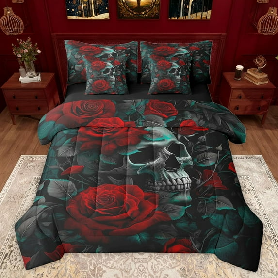 Homewish Anniversary Red Rose Bedding Comforter Set 7pcs, Skeleton Skull Queen Bedding Sets, Gothic Romantic Theme Reversible Queen Sheet Sets, Lightweight Room Decor