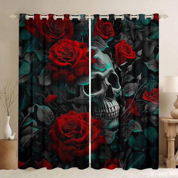 Homewish Anniversary Red Rose Black Out Curtains, Skeleton Skull Curtains Pack of 2 (42x63 Each), Gothic Romantic Theme Bedroom Curtains, Blackout Curtains Room Decor