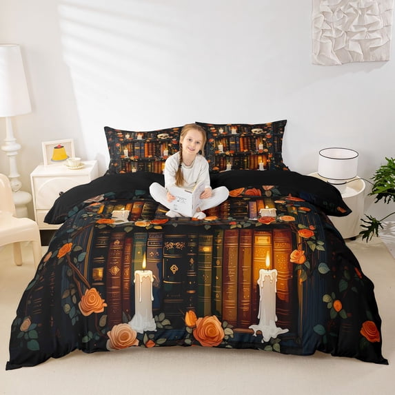 Homewish Antique Bookshelf Floral Skull Duvet Cover Queen for Kids, Orange Candle Cottage Queen Bedding, Black Reversible, 3 Pieces, 1 Duvet Cover and 2 Pillowcases