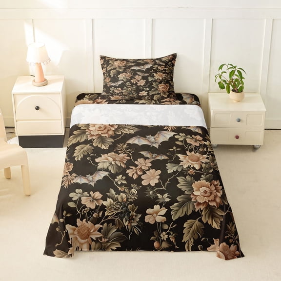 Homewish Antique Damask Autumn Flower Twin Sheets for Kids, Brown Gothic Bat Bedding, 3pcs, 1 Flat Sheet, 1 Fitted Sheet and 1 Pillowcase