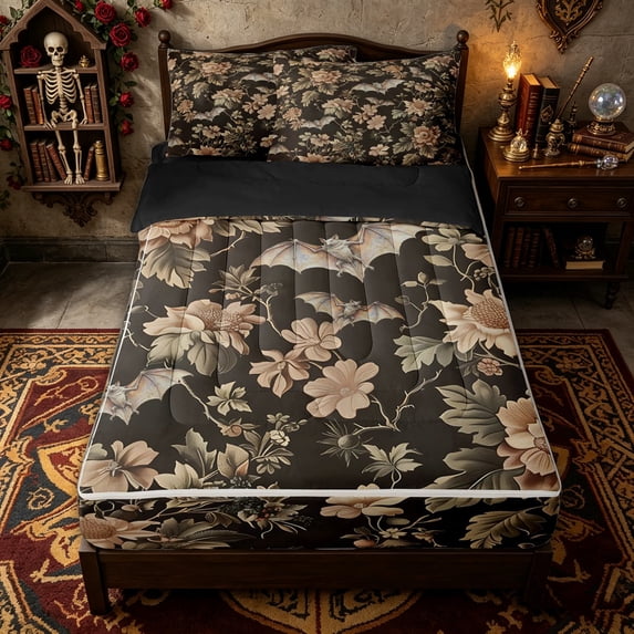 Homewish Antique Damask Autumn Flower Zipper Full Size Comforter Sets with Fitted Sheet and 2 Pillowcases for Kids, Brown Gothic Bat Zipper Bedding Set, Black Reversible, 4pcs