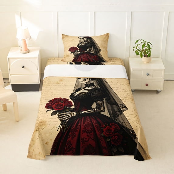 Homewish Antique Skeleton Bride Twin Sheets for Adults, Retro Rose Wedding Art Bedding, 3pcs, 1 Flat Sheet, 1 Fitted Sheet and 1 Pillowcase