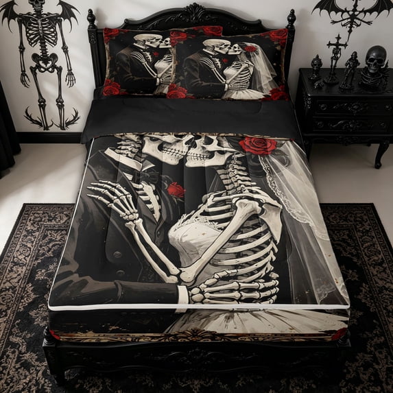 Homewish Antique Skeleton Couple Zipper Queen Comforter Set with Fitted Sheet and 2 Pillowcases for Adults, Red Rose Wedding Gothic Art Zipper Bedding Set, Black Reversible, 4 Pieces