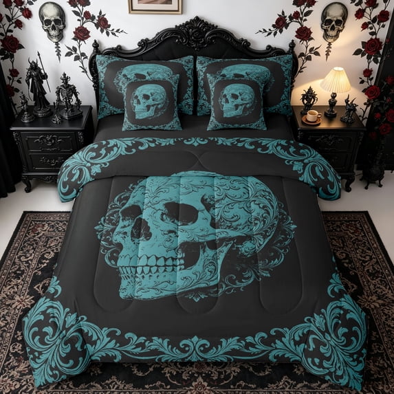 Homewish Antique Spooky Skull Twin Bedding for Adults, Teal Victorian Hippie Floral Bedding Comforter Set, Black Reversible, 7pcs