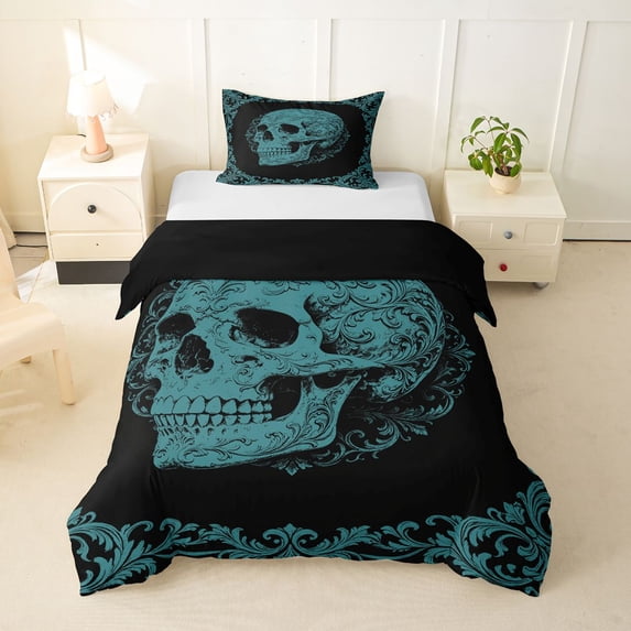 Homewish Antique Spooky Skull Twin Duvet Cover for Adults, Teal Victorian Hippie Floral Twin Bedding, Black Reversible, 2pcs, 1 Duvet Cover and 1 Pillowcase