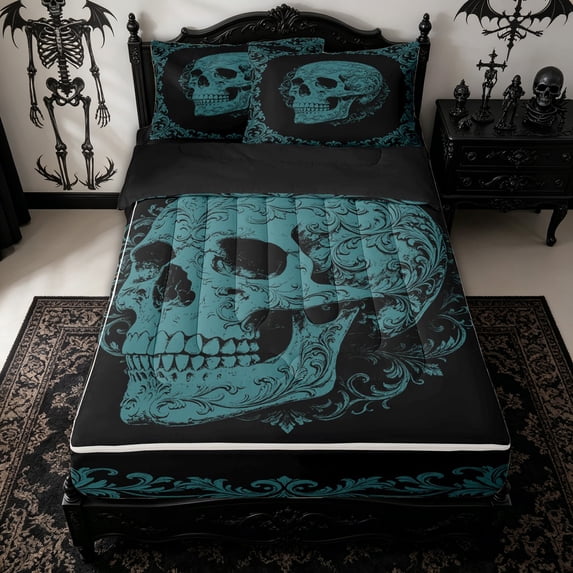 Homewish Antique Spooky Skull Zipper Queen Comforter Set with Fitted Sheet and 2 Pillowcases for Adults, Teal Victorian Hippie Floral Zipper Bedding Set, Black Reversible, 4pcs