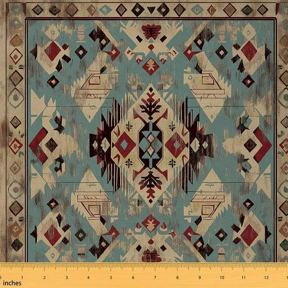 Homewish Aretro Ztec Geometric Fabric by the Yard 2 Yard,Vintage Boho Bohemain Room Decor Fabric by the Yard,Brown Blue Red Fabric for Sewing For Adults,Breathable Home Decor