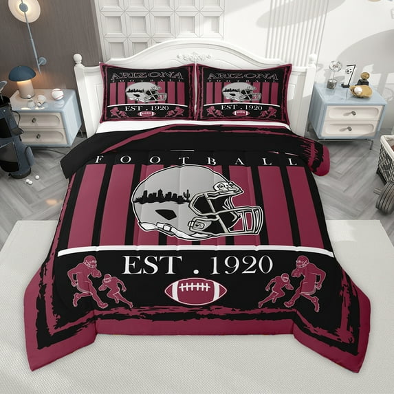 Homewish Arizona City Queen Comforter Set,American Football Sport Bedding Sets,Gray Rugby Helmet Bedding Comforter Set For Boys,Super Cozy Room Decor Reversible,3pcs