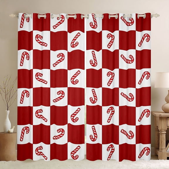 Homewish Artoon Candy Cane Blackout Curtains Set of 2 (52x84 Each),Red White Plaid Window Curtains,Merry Christmas Curtains and Drapes For Girl Teens,Home Decor