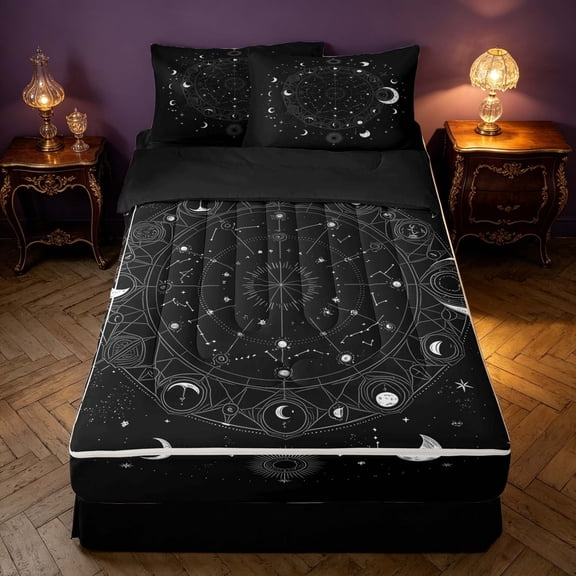 Homewish Astrology Constellations Zipper Queen Comforter Set with Fitted Sheet and 2 Pillowcases, Moon Stars Zipper Bedding Set, Black White, Black Reversible