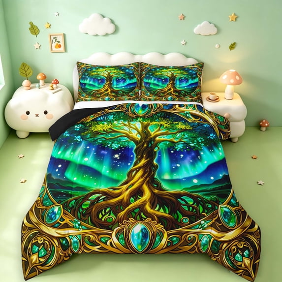 Homewish Astrology Nature Tree Queen Comforter Set,Green Navy Gradient Comforter Sets Queen,Black Reversible,3-Piece,1 Comforter and 2 Pillowcases