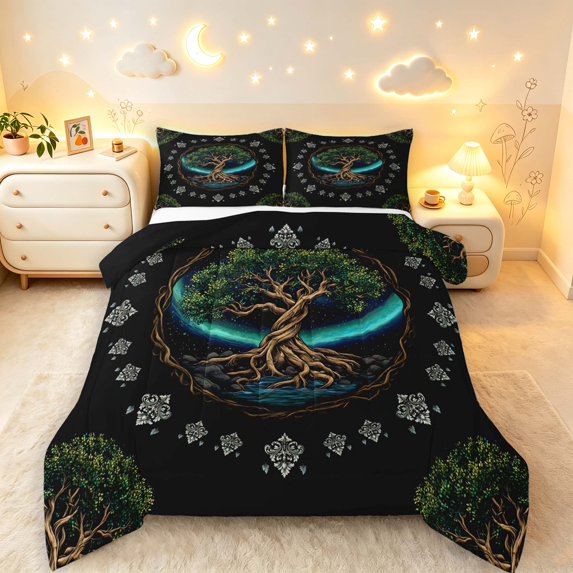 Homewish Astrology Tree Of Life Full Size Comforter Sets,Nature Botanical Design Bedding Comforter Set,Black Green,Black Reversible,3 Pieces,1 Comforter and 2 Pillowcases