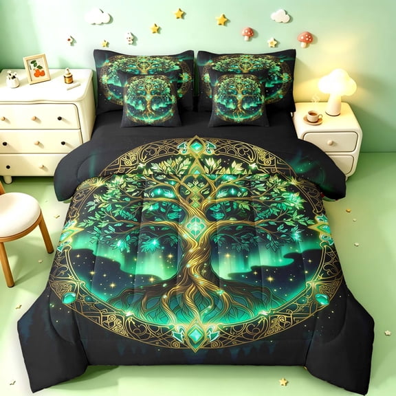 Homewish Astrology Tree Of Life 7-Piece Twin Bedding,Nature Boho Aesthetic Bedding Comforter Set,Green Gold,Black Reversible