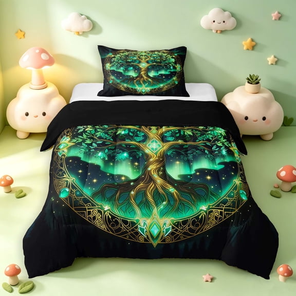 Homewish Astrology Tree Of Life Twin Comforter Sets,Nature Boho Aesthetic Bedding Set,Green Gold,Black Reversible,2pcs,1 Comforter and 1 Pillowcase