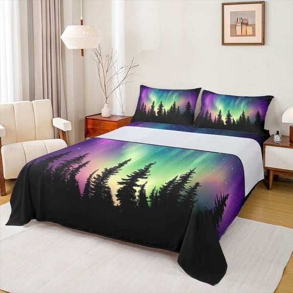 Homewish Aurora Borealis 4pcs Bed Sheets for Boys Girls,Abstract Gradient Starry Sky King Sheets,Jungle Woodland Super Cozy Sheet Set,Ultra Soft Home Decor