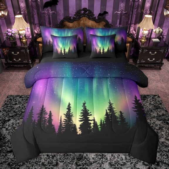 Homewish Aurora Borealis Bedding Comforter Set 7 Pieces for Boys Girls,Abstract Gradient Starry Sky Full Bedding Set Lightweight,Jungle Woodland Fitted Sheet Flat Sheet,Ultra Soft Home Decor