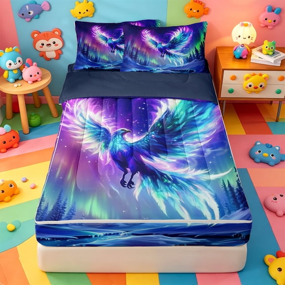Homewish Aurora Phoenix Bird Zipper Twin Comforter Sets with Fitted Sheet and 2 Pillowcases,Northern Lights Magical Animal Zipper Bedding Set For Boys,Navy Blue Reversible,4-Piece