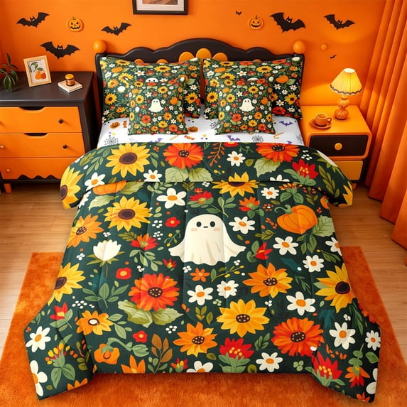Homewish Autumn Cottage Halloween Ghost 7-Piece Twin Bedding,Sunflower Mixed Floral Pattern Bedding Comforter Set,Forest Green Orange,Halloween Reversible
