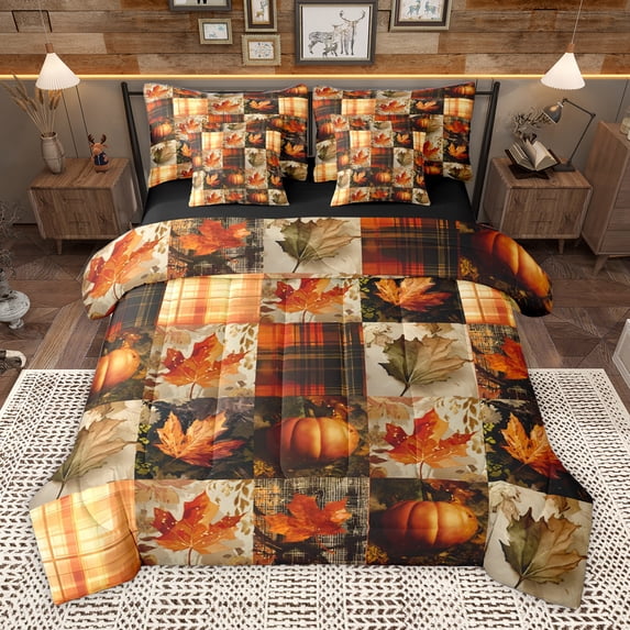 Homewish Autumn Fall Pumpkin 7 Pieces Bedding Comforter Set,Rustic Leaves Maples Full Bedding Set,Patchwork Geometric Plaid Fitted Sheet Flat Sheet For Adults,Super Cozy Room Decor Reversible