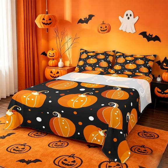 Homewish Autumn Fall Pumpkin Bed Sheets,Halloween Themed Full Size Sheets,Black Orange White,4-Piece,1 Flat Sheet,1 Fitted Sheet and 2 Pillowcases