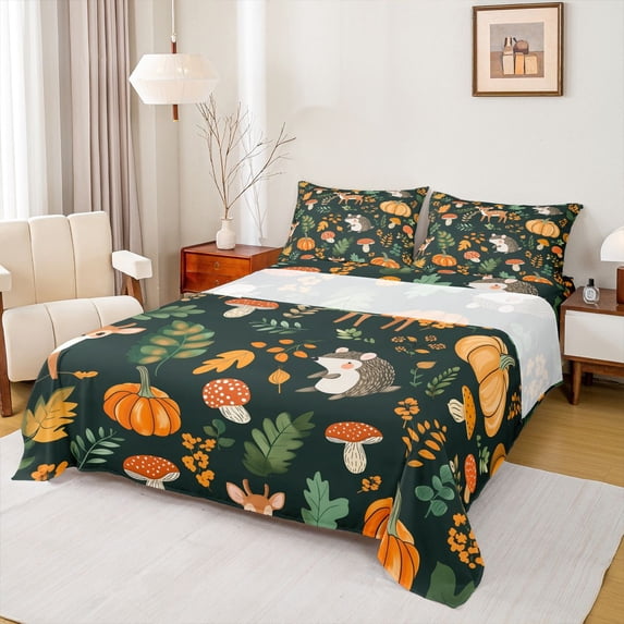 Homewish Autumn Fall Pumpkin Full Size Sheets,Wild Deer Hedgehog Bed Sheets,Red Fungus Mushroom Sheet Sets For Girls Teens,Luxury Bedroom Decor,4-Piece