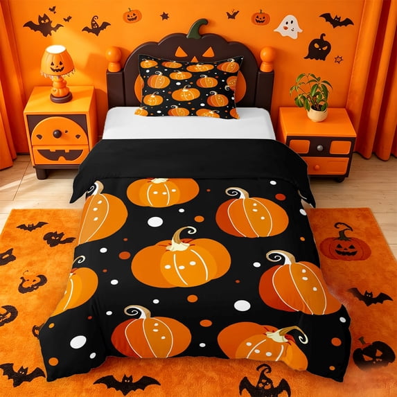 Homewish Autumn Fall Pumpkin Twin Duvet Cover,Halloween Themed Twin Bedding,Black Orange White,Black Reversible,2pcs,1 Duvet Cover and 1 Pillowcase