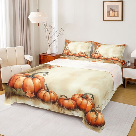 Homewish Autumn Harvest Pumpkin Bed Sheets,Fall Maples Leaves King Sheets,Beige Orange Sheet Set For Adults,Breathable Home Decor,4pcs