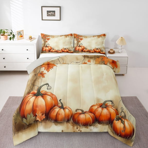 Homewish Autumn Harvest Pumpkin Bedding Comforter Set,Fall Maples Leaves Twin Comforter Sets,Beige Orange Bedding Set For Adults,Breathable Home Decor Reversible,2pcs