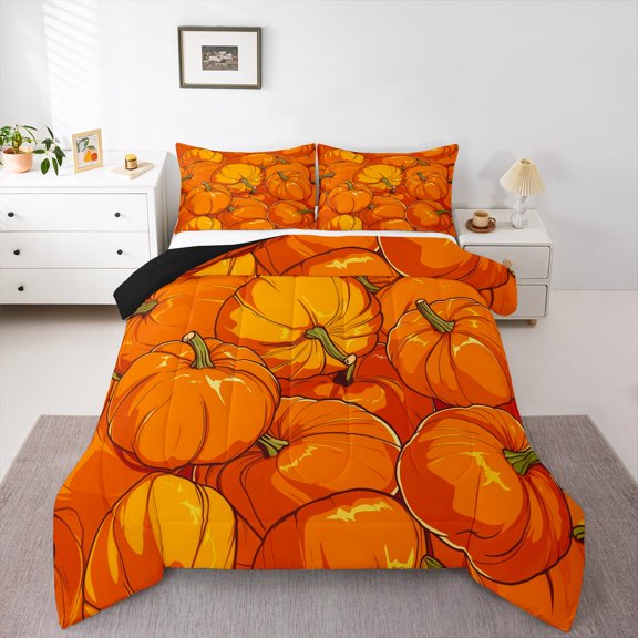 Homewish Autumn Harvest Pumpkin Bedding Comforter Set,Hello Fall Twin Comforter Sets,Orange Bedding Set For Adults,Breathable Home Decor Reversible,2 Pieces