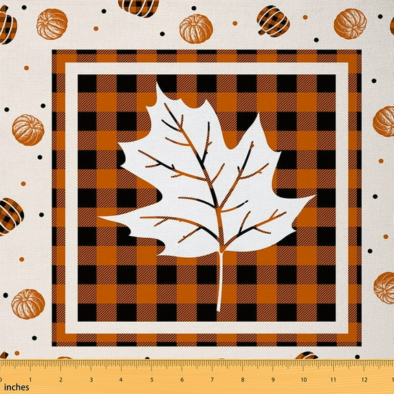 Homewish Autumn Leaf Child Fabric by the Yard 2 Yards, Cartoon Harvest Pumpkin Sewing Fabric, Vintage Checkered Buffalo Fabric for Sewing, Lightweight Room Decor